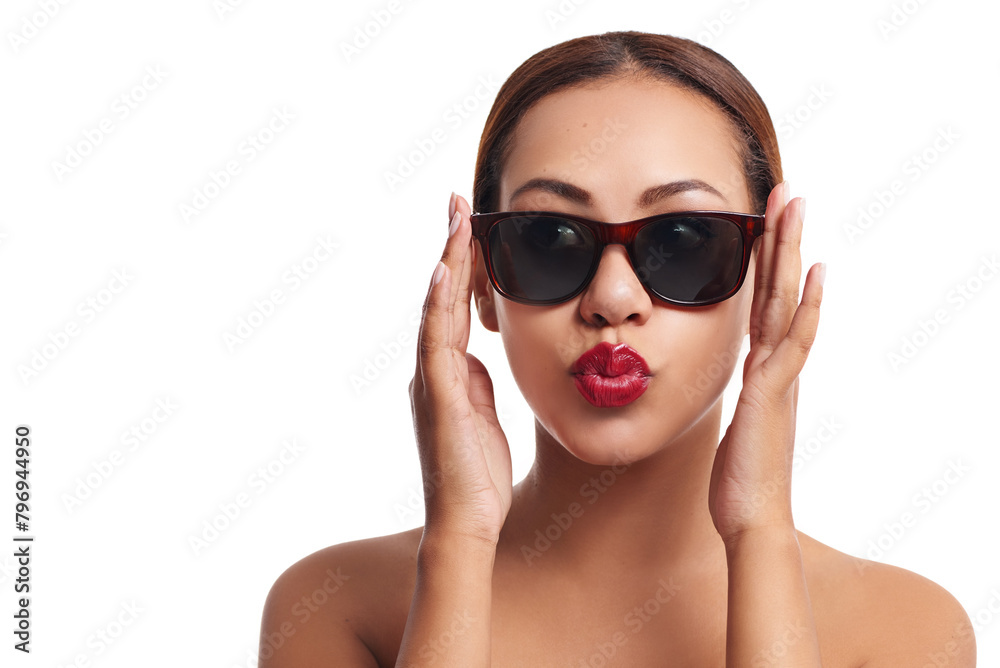 Poster Studio, pout and woman with sunglasses for fashion, makeup and beauty with mockup. Female model, cosmetics and red lips for self care by white background, cool and smooth results with backdrop