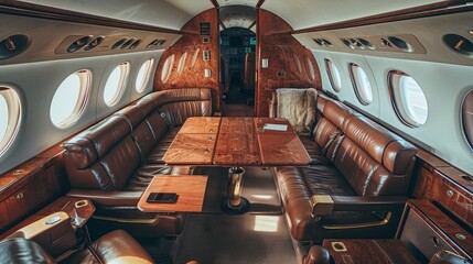 Interior of a private plane featuring wooden tables and leather seats.
