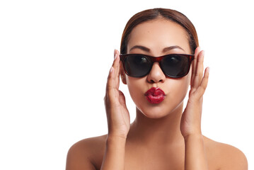 Studio, pout and woman with sunglasses for fashion, makeup and beauty with mockup. Female model,...