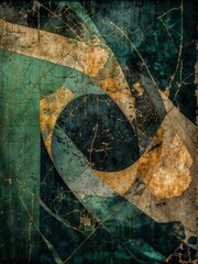 Abstract vintage-style background or printable painting, gold and green marble intricate geometric shapes for interior design, retro design oil painting, Generative Ai