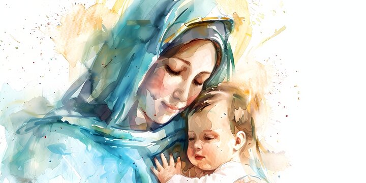 a painting of a woman holding a child in her arms with a blue shawl on her head and a white shirt on her chest
