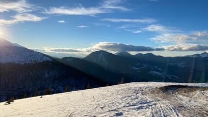Kosovo mountains in the winter with blue sky and snow