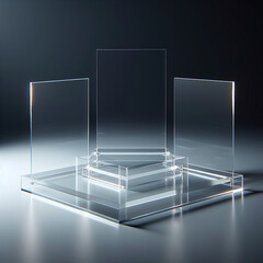 Three transparent acrylic display stands on a reflective surface with a dark background, showcasing minimalist design.
