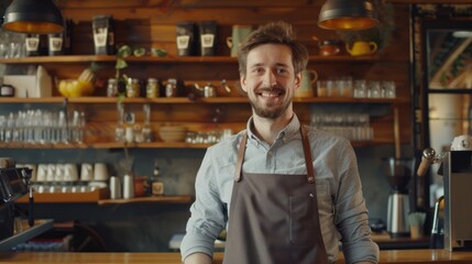A young Caucasian male barista smiles confidently in a coffee shop, wearing a shirt and apron. - Powered by Adobe