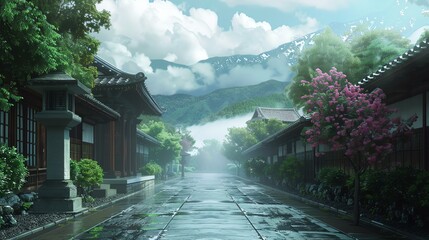 A beautiful street in a traditional Japanese town. The street is lined with old wooden houses and...