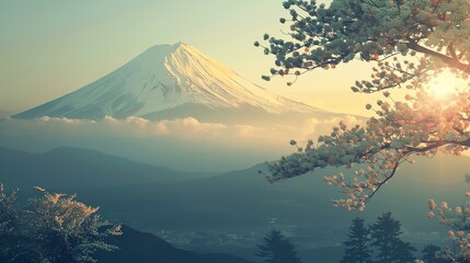 The image is a beautiful landscape of Mount Fuji in Japan. The mountain is covered in snow and is surrounded by cherry blossoms.