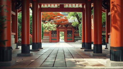 A long, covered walkway leads to a traditional Japanese temple. The walkway is flanked by red columns and the temple is surrounded by lush trees.