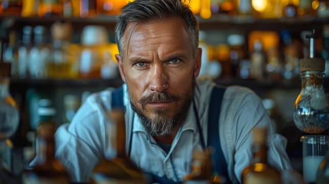 Man Sitting at Bar in Front of Bottles