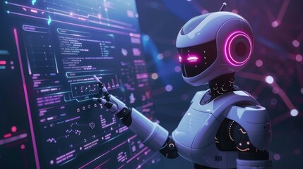 Futuristic depiction of a humanoid robot engaging with a digital interface in a cutting-edge setting