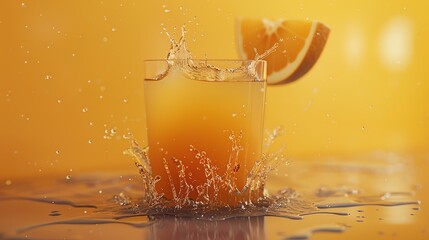 Fresh orange juice splashing out of glass.