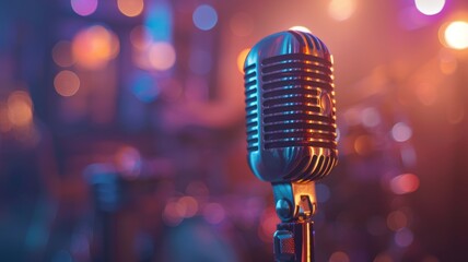 Microphone for live karaoke, concerts or stand-ups - retro microphone with a defocused abstract...