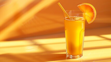 Fresh orange juice in a glass with a straw. The glass is sitting on a table with a slice of orange on the rim.
