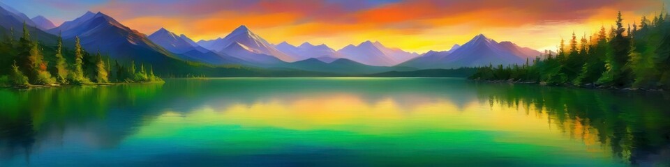 Abstract watercolor blurred landscape summer mountain lake at sunset in bright pastel colors. Abstract background for design, space for text.	