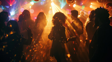 Young friends having fun at a gold themed party. Young men and women dancing on the dance floor. Fun, weekend concept.