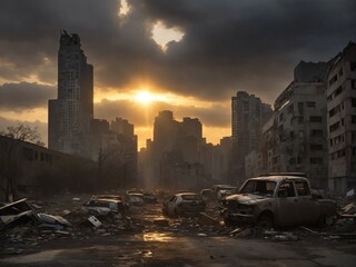 "Twilight of Civilization: Surreal Sunset Amidst Urban Decay"