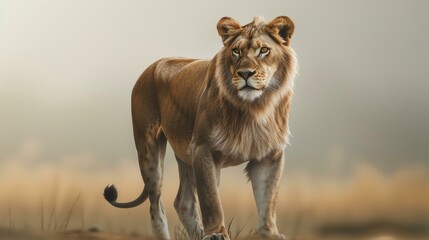 Male lion in the wild, with a blurred background. The lion is in focus and looking at the camera.