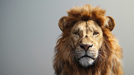 A majestic lion with a golden mane stares at the camera with an intense gaze.