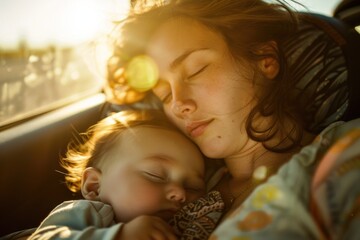 A young Caucasian woman and a baby sleep peacefully in a car seat, basked in golden sunlight.