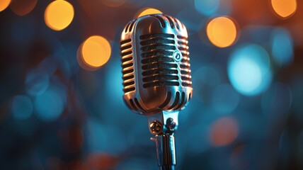 Microphone for live karaoke, concerts or stand-ups - retro microphone with a defocused abstract background