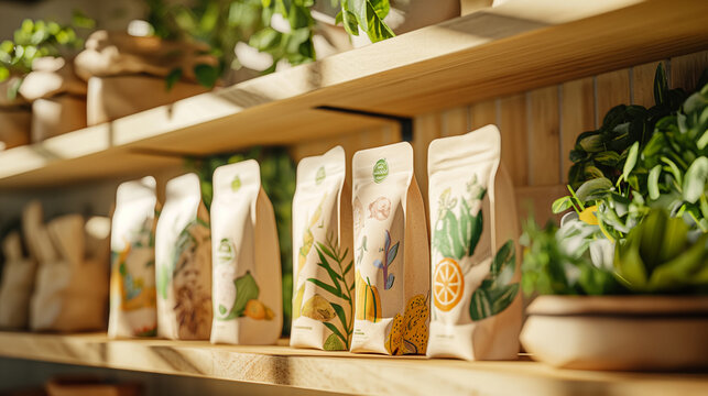 Organic Produce in Eco-Friendly Packaging on Kitchen Shelf. Generative AI