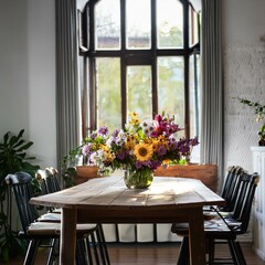 the charm of a sunlit kitchen, where a wooden table adorned with vibrant flowers takes center stage
