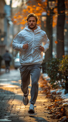 Obraz premium Man Running Down Sidewalk in Rain