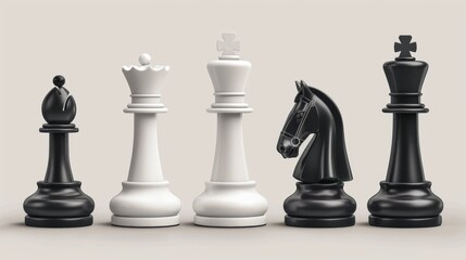 Realistic set of chess pieces including king, queen, bishop, pawn, knight, and rook, depicted in 3D vector format for a strategic board game. - obrazy, fototapety, plakaty