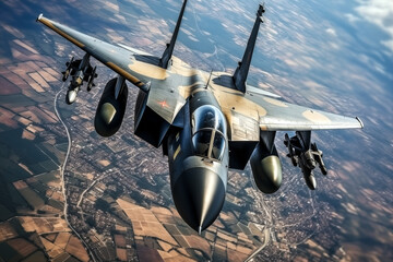 Military fighter jet flying over the city.