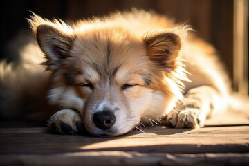 Portrait of a cute fluffy Welsh Corgi dog lying in the sun