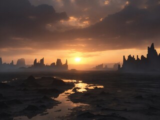 "Fading Light: Dystopian Sunset Over Barren Wasteland"