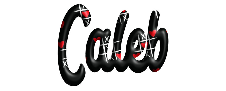 Caleb  - black color with tic tac toe game with red hearts - name - three-dimensional effect tubular writing - Vector graphics - Word for greetings, banners, card, prints, cricut,, sublimation	