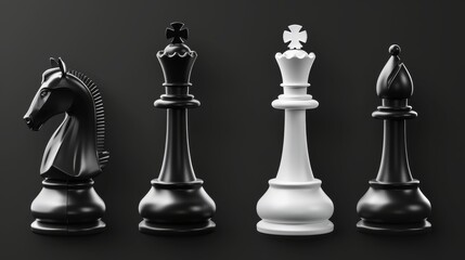 Realistic set of chess pieces including king, queen, bishop, pawn, knight, and rook, depicted in 3D vector format for a strategic board game.