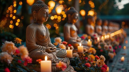 Buddha Statue Surrounded by Candles and Flowers