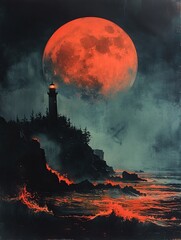 A lighthouse on a stormy night with a red moon and rough sea.