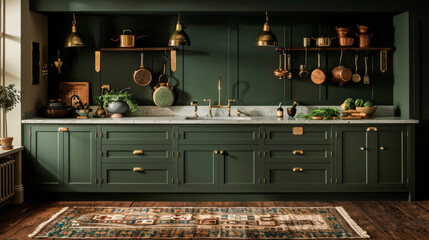 A kitchen with green cabinets and a green rug. The kitchen is well-stocked with pots and pans, and there are several potted plants in the room
