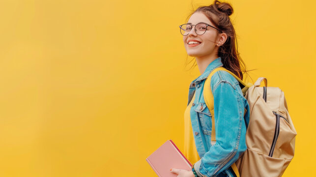 A young female student with a backpack and books in her hand posing on a yellow background. Happy girl having fun. Education concept.