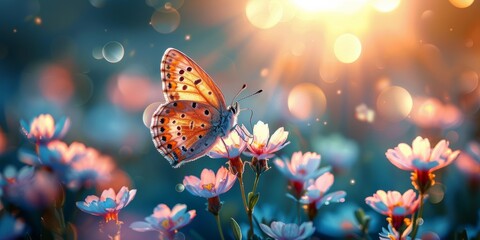 Butterfly Perched on Flower Petal - obrazy, fototapety, plakaty