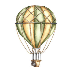Vintage balloon with basket. A hand-drawn watercolor illustration. Isolate. Vintage retro hot air balloon for a badge or logo in pastel colors. For banner, flyer, poster. For badge, sticker and print.