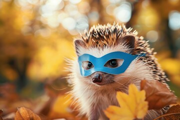 A hedgehog wearing a blue superhero mask in an autumnal setting with golden leaves.