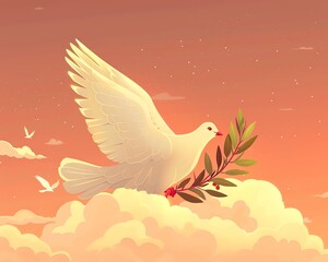 Dove with Olive Branch , Dove returning to the ark with an olive branch against a soft, hopeful sky