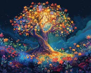 Eternal Life , Tree of Life bathed in ethereal light amidst a vibrant garden setting