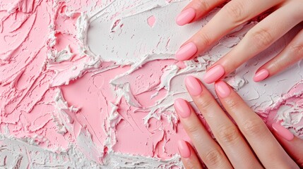 Elegant female hands with pink almond-shaped nails over a textured pink background. Manicure and nail care concept