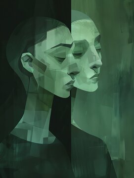 Envious Whisper , Two figures whispering, one with envious eyes in a muted green light