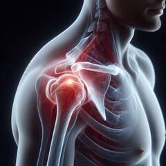 A digital illustration highlighting the bones and muscles of human shoulder anatomy, presented in a semi-transparent view, offering a detailed insight into the anatomical structure.