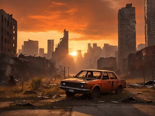 "Apocalyptic Afterglow: Surreal Sunset Amidst Urban Ruins"