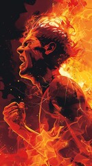 Fototapeta premium Wrath , Angry figure with clenched fists, background blazing in fiery red