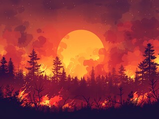 Wildfire , Raging wildfire under a smoke,filled orange sky