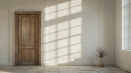 A room with a wooden door and a vase of flowers. The room is empty and has a minimalist feel