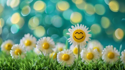 Smiling daisy flowers with a happy tennis ball on artificial grass. Positive emotions and nature concept. Design for wellness, happiness, eco-friendly living