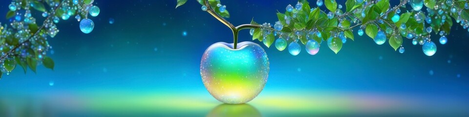 Abstract surrealistic illustration translucent apple shaped bubble on sunset background. Background for social media banner, website and for your design, space for text.	